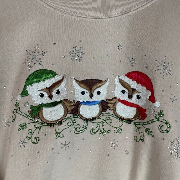 Morning Sun Vintage double collar embroidered beaded Christmas owl sweatshirt - Picture 3 of 8